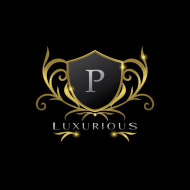 Altın Harf P Lüks Kalkan Logosu, lüks iş, otel, düğün hizmeti, moda ve daha fazla marka için vektör tasarımı konsepti.