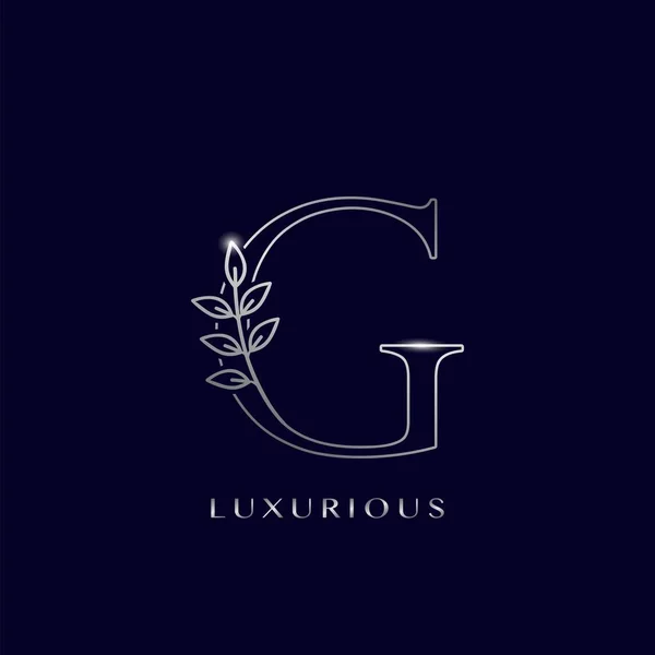Gümüş Lükslü İlk Harf G logo vektör tasarımı konsepti iş kimliği için mavi arkaplan renginde harf izolasyonuyla birlikte doğa çıkışlarını özetliyor.