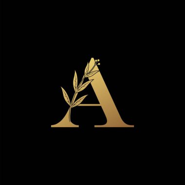 Altın Harf A logosu simgesi. Tasarım konsepti, klasik çiçek yaprakları element harfi lüks marka, ilk, butik, düğün servisi ve daha fazla marka kimliği için altın rengi olan bir logo simgesi..