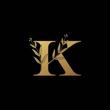 Altın Harf K Logosu simgesi. Tasarım konsepti klasik çiçek yaprakları element K logo simgesi lüks markalar için altın rengi, başlangıç, butik, düğün servisi ve daha fazla marka kimliği.