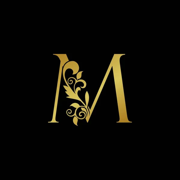 金色的高级字母M标志图标 矢量设计理念豪华老式自然叶与字母标识金色 — 图库矢量图片