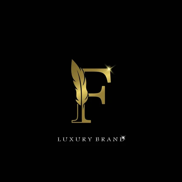 Golden Feather Letter Icone Logotipo Marca Luxo Pena Conceito Design — Vetor de Stock