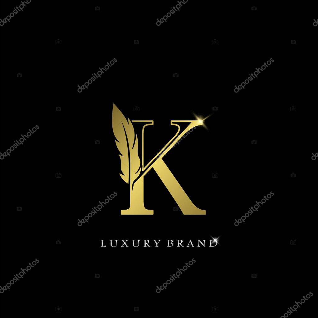 Golden Feather Letter K Luxury Brand Logo icon, vector design concept feather with outline letter for initial, luxury business, firm, law service, boutique, decoration and more brand identity.