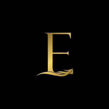 Altın harfli E logosu, basit vektör tasarım konsepti kanadı ilk harf, lüks iş kimliği için..