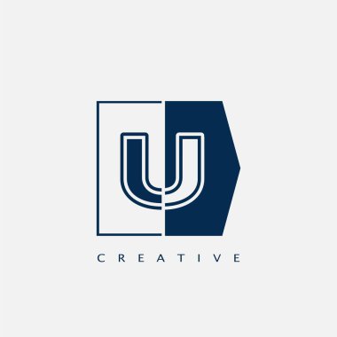 Modern Harf U logosu, Vektör tasarım konsepti Geomtrical Square Head Left Hexagon şekilleri iş adı veya şirket kimliği için mavi renk üzerinde harf logosu simgesi.