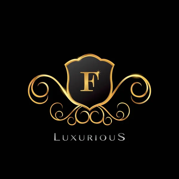 Golden Luxurious Letter Logotipo Forma Escudo Conceito Design Vetorial Elegância — Vetor de Stock