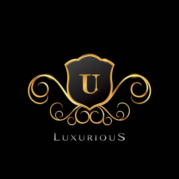 Golden Luxurious Letter Logo Eleganza Concetto Design Vettoriale Forma Scudo — Vettoriale Stock