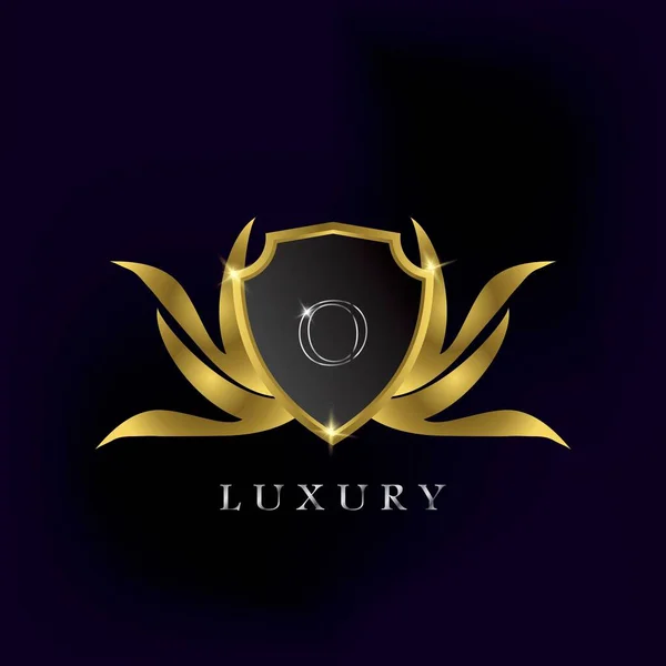 Golden Luxury Shield Levél Logó Ikon Vektor Tervezés — Stock Vector