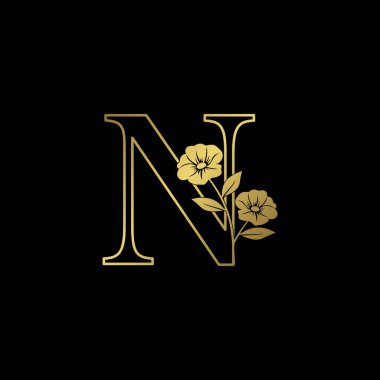 Altın Doğa Çiçeği Baş harfleri Harf N logo simgesi, klasik lüks vektör tasarımı kavramı çiçek çiçekleriyle birlikte alfabe harfi altın rengi..