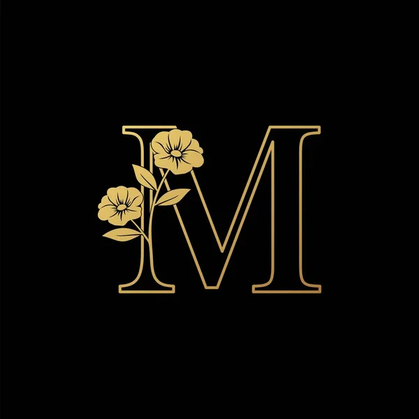 金自然花首字母M标志图标 老式豪华矢量设计概念字母纲要花卉金黄色字母 — 图库矢量图片