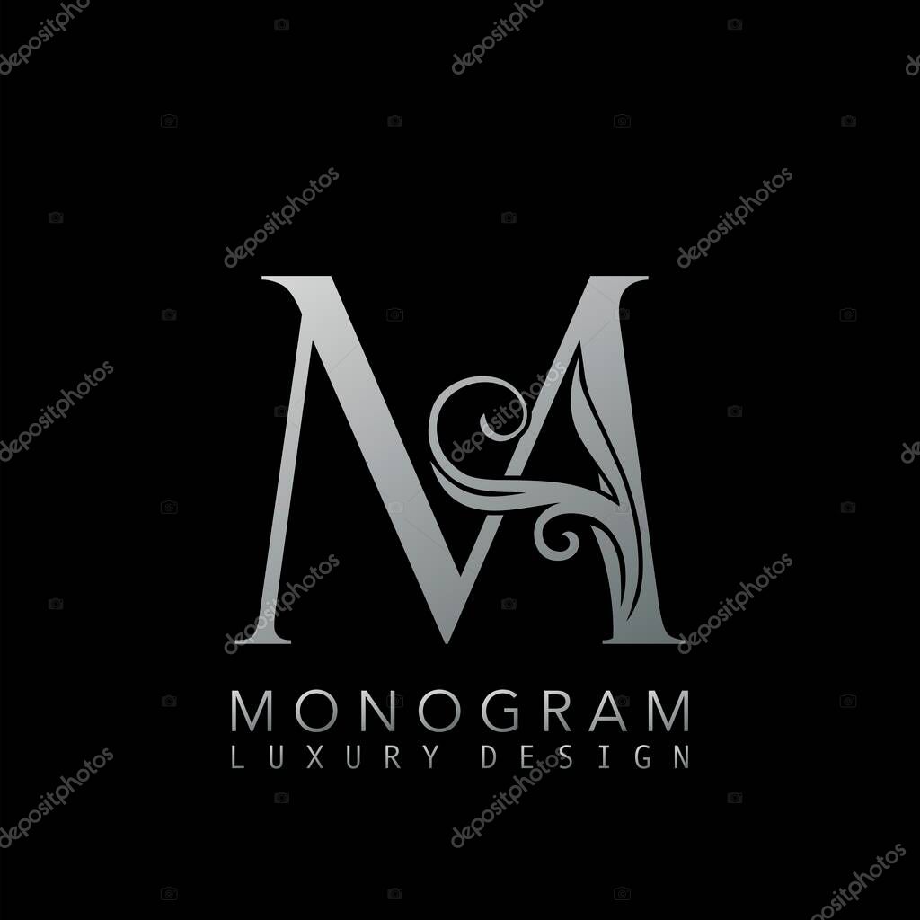 Monogram Luxury M Logo Letter. Simple luxuries vector design concept abstract nature floral leaves with letter logo icon silver color.
