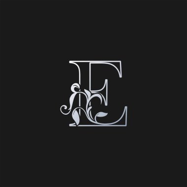 E Harfi Ana Hattı Tropikal Yaprak logosu Simgesi. Gümüş renkli logo ikonu vektör tasarımı konsepti monogram vintage lüks.