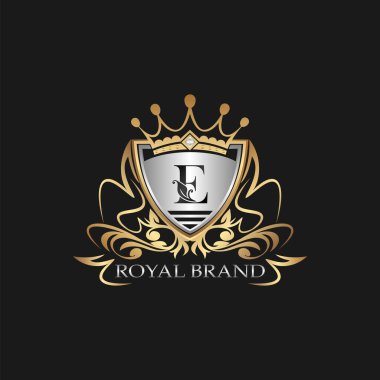 E Harfi Altın Kalkan Logosu. Kalkan çerçevesinde alfabe harfli zarif vektör logo şablonu..