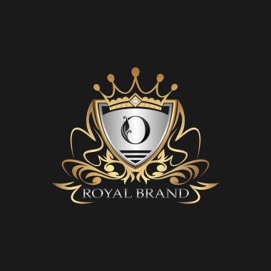 O Harfi Altın Kalkan Logosu. Kalkan çerçevesinde alfabe harfli zarif vektör logo şablonu..