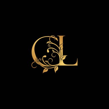 Altın çiçekli harf C ve L, CL logo simgesi simgesi, Lüks alfabe yazı tipi ilk vektör tasarımı siyah arkaplan üzerinde izole edildi.