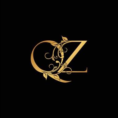 Altın çiçekli harf Q ve Z, QZ logo simgesi simgesi, Lüks alfabe yazı tipi ilk vektör tasarımı siyah arkaplan üzerinde izole.