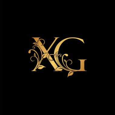 Altın çiçekli harf X ve G, XG logo simgesi, Lüks alfabe yazı tipi ilk vektör tasarımı siyah arkaplan üzerinde izole.