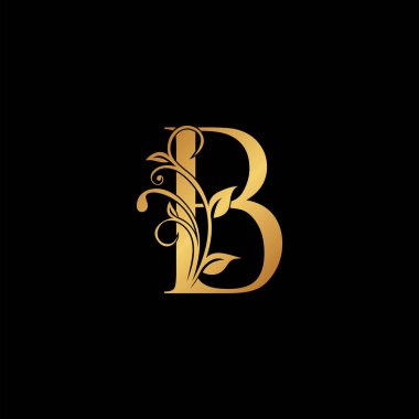 Altın çiçekli B harfi logo simgesi, Lüks alfabe yazı tipi ilk vektör tasarımı siyah arkaplanda izole edildi.