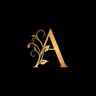 Altın çiçekli harf Logo Simgesi, Lüks alfabe yazı tipi ilk vektör tasarımı siyah arkaplanda izole edildi.