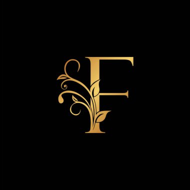 Altın çiçekli F harfi logo simgesi, Lüks alfabe yazı tipi ilk vektör tasarımı siyah arkaplanda izole edildi.