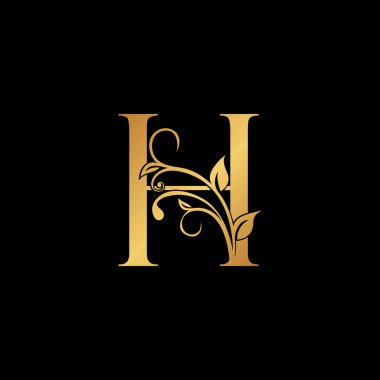 Altın çiçekli harf H logo simgesi, Lüks alfabe yazı tipi ilk vektör tasarımı siyah arkaplan üzerinde izole.