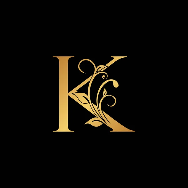 金花字母K标志图标 豪华字母表字体初始矢量设计隔离在黑色背景 — 图库矢量图片