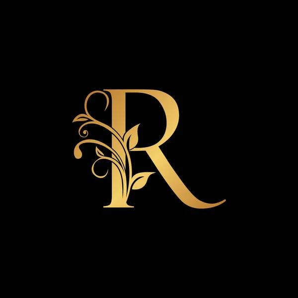 金花字母R标志图标 豪华字母表字体初始矢量设计隔离在黑色背景 — 图库矢量图片