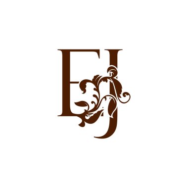 İlk harf E ve J, EJ lüks logo simgesi, tropikal doğa ile monogram vintage tasarım şablonu element bırakır.
