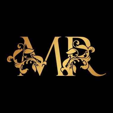 Altın Harf M ve R, MR Lüks Logo ikonu, tropikal doğa yapraklı altın rengi tasarım şablonu.