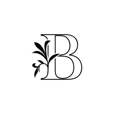 Özet: Floral Leaves Harf B Lüks Logo Simgesi, siyah-beyaz vektör tasarım doğa yaprağı.