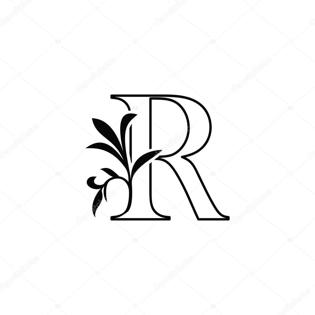 Outline Floral Leaves Letter R Luxury Logo Icon, black and white vector design concept nature leaf for initial.