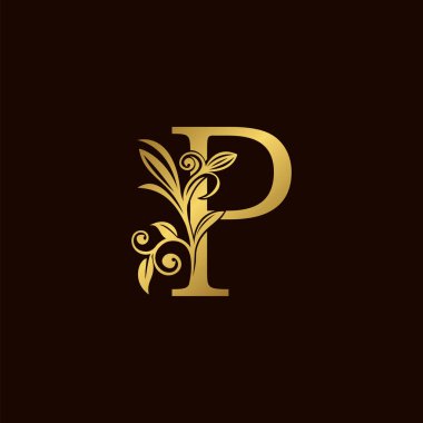 Altın Nature Leaf P Lüks Mektup Logosu. Alfabe yazı tipi vektör tasarım şablonu ile zarif çiçek biçimi.
