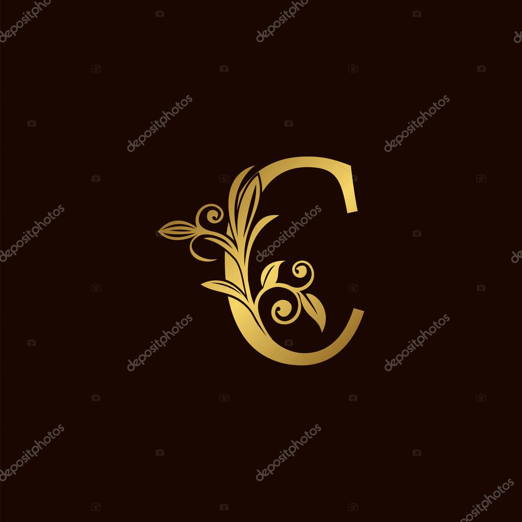 Gold Nature Leaf C Luxury Letter Logo Concept. Elegant floral style with alphabet font vector design template.