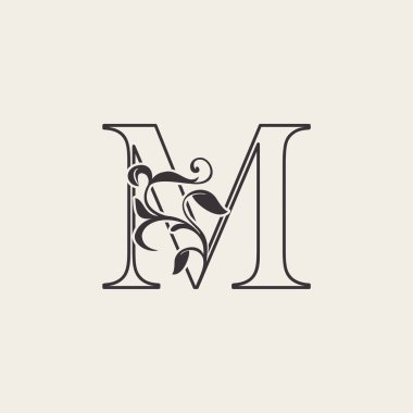 Zarif Çiçekli Mektup M Lüks Logo Simgesi. Siyah ve Beyaz Dış Hatlar basit, güzel logo. Sanat doğası yaprak stilinde vintage çizilmiş alfabe.