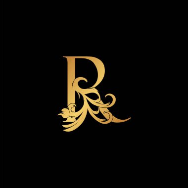Zarif Lüks Mektup R altın logo vektör tasarımı, sanat dekorasyonu tarzında alfabe yazı tipi.