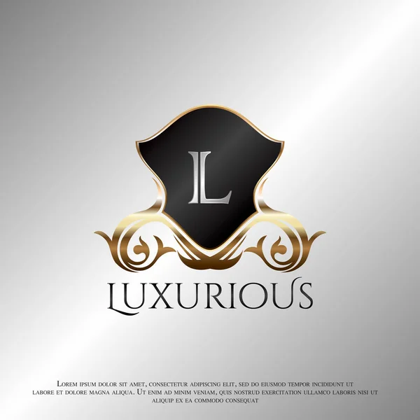 Deco Shield Luxo Carta Golden Logo Ícone Modelo Vector Design — Vetor de Stock