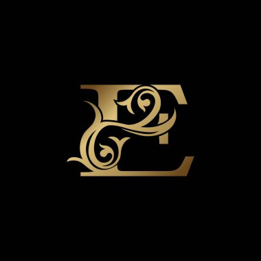 Lüks Altın Harf E Yaprak Yaprak Logosu Amblem, düğün kartı davetiyesi, marka kimliği, kartvizit başlangıcı, Restoran, Butik, Otel ve daha fazla lüks iş kimliği için klasik vintage tasarım konsepti..