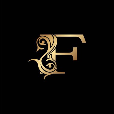 Lüks Altın Harf F Yaprak Logo Simgesi, Zarif Vintage vektör tasarım konsepti amblem, düğün kartı davetiyesi, marka kimliği, kartvizit başlangıcı, Restoran, Butik, Otel ve daha fazla lüks iş kimliği.