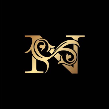 Lüks Altın Harf N Çiçek Yaprak Logosu Amblem, düğün kartı davetiyesi, marka kimliği, kartvizit başlangıcı, Restoran, Butik, Otel ve daha fazla lüks iş kimliği için klasik vintage tasarım konsepti..