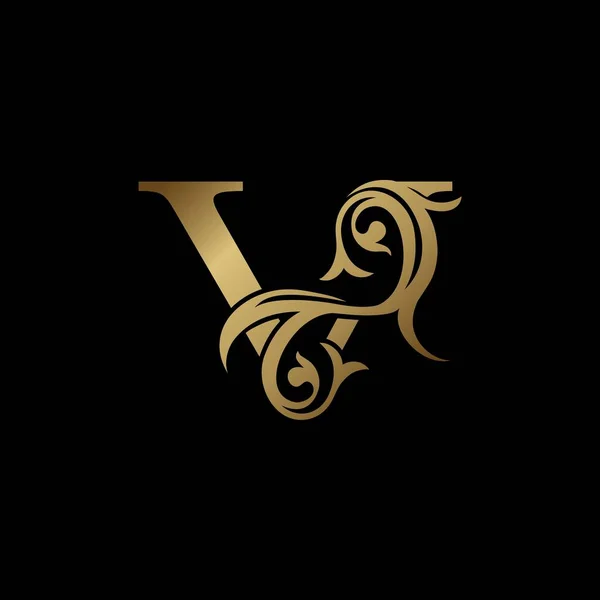 Icono Del Logotipo Hoja Floral Letra Del Oro Lujo Concepto — Vector de stock