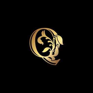 Çiçek Altın Q Lüks Mektup Logosu Tasarımı, Zarif Alfabe Vektör Doğa Yaprak Biçimi.