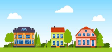 Street house cartoon panoramic tree vector banner