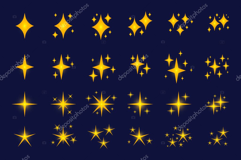 Set of gold sparkles icons. Yellow symbols stars with glowing light effect on blue background. Decorative twinkles element decoration, glitter for christmas or birthday. Isolated vector illustration