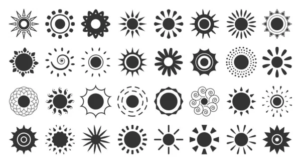 Sol negro icono logotipo verano web signo vector conjunto — Vector de stock