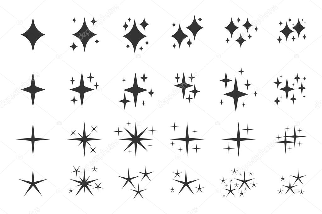 Black sparkles symbols icon set. Glyph template spark for glowing light effect stars, bursts. Silhouette symbol shine, clean, confetti element. Elegant twinkle shape. Isolated vector illustration