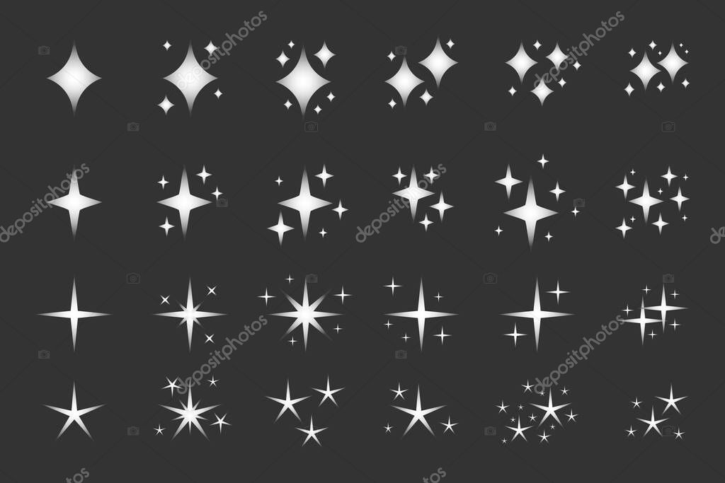 Silver sparkles icons set. Star ray elegant twinkle shape. Original decorative element. Sparkle lights stars, glitter flare magic glowing light effect for any design logo. Isolated vector illustration
