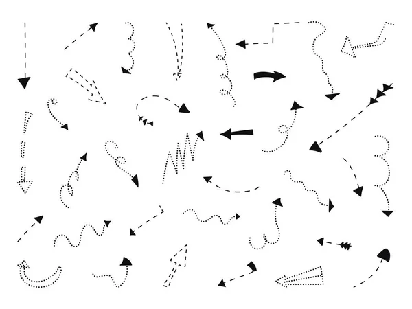 Flecha mano dibujado garabato punto guion línea vector conjunto — Archivo Imágenes Vectoriales