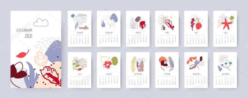 Abstract floral calendar 2021 year vector set