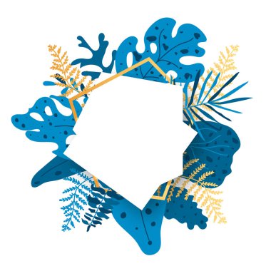 Altın çiçekli çerçeve mavi tropikal yaprak sancak vektörü