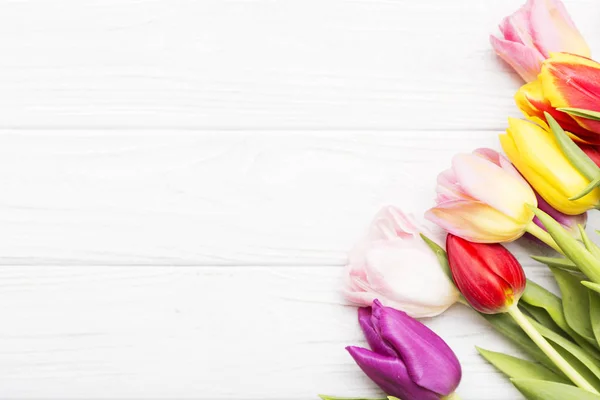 Tulipanes coloridos sobre fondo de madera blanco . — Foto de Stock
